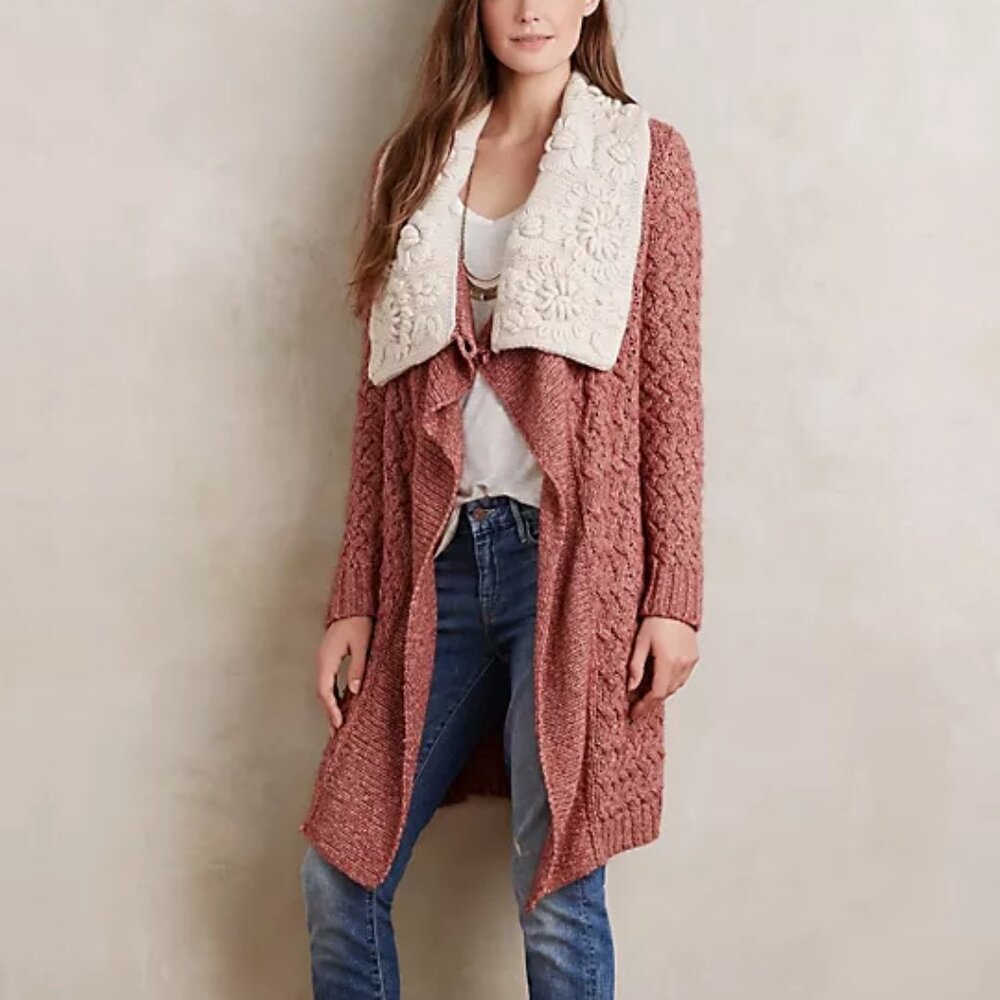 KNITTED & KNOTTED ANTHROPOLOGIE Lilitz long cardigan embellished collar BNWT - Picture 2 of 16